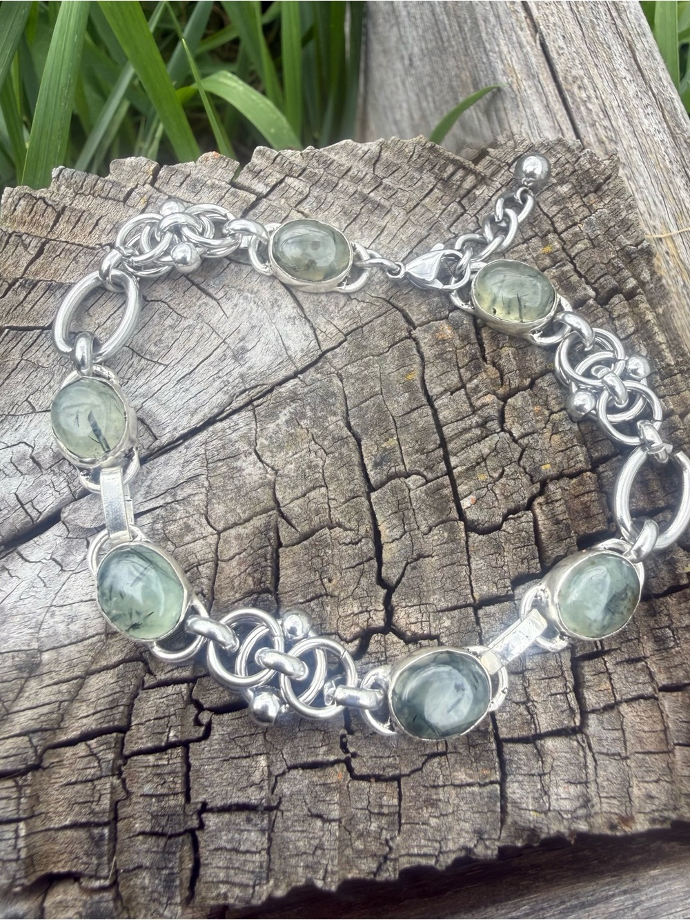 Prehnite Multi Inter Lock Link Sterling & Stainless Tennis Bracelet